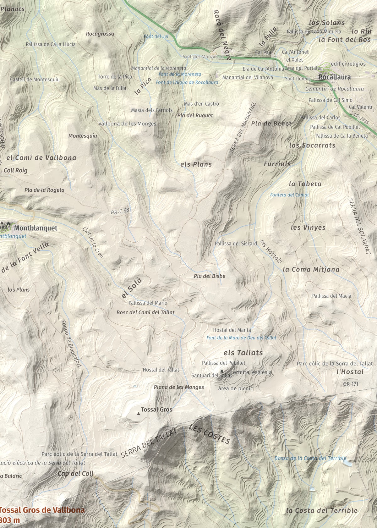 Mapa de relieve de Tossal Gros de Vallbona, 803 m, Conca de Barberà · Urgell, lámina 100 Cims de Trobart. Detalle de la zona superior derecha. 50 × 70 cm.