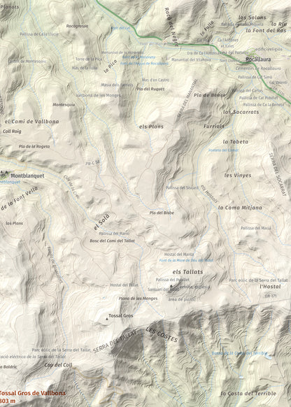 Mapa de relieve de Tossal Gros de Vallbona, 803 m, Conca de Barberà · Urgell, lámina 100 Cims de Trobart. Detalle de la zona superior derecha. 50 × 70 cm.