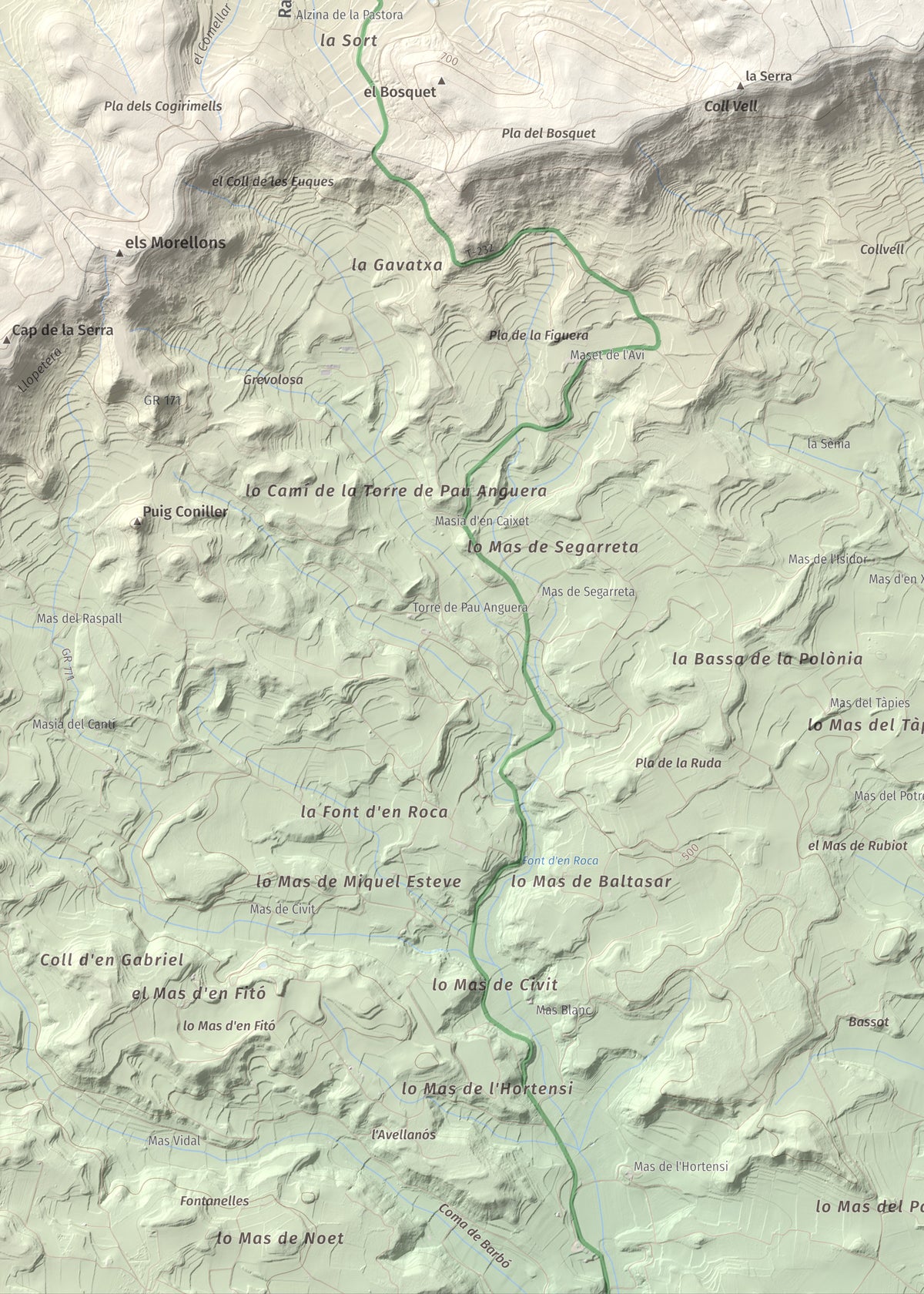 Mapa de relieve de Tossal Gros de Vallbona, 803 m, Conca de Barberà · Urgell, lámina 100 Cims de Trobart. Detalle de la zona inferior izquierda. 50 × 70 cm.