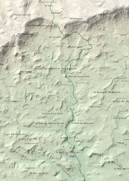 Mapa de relieve de Tossal Gros de Vallbona, 803 m, Conca de Barberà · Urgell, lámina 100 Cims de Trobart. Detalle de la zona inferior izquierda. 50 × 70 cm.