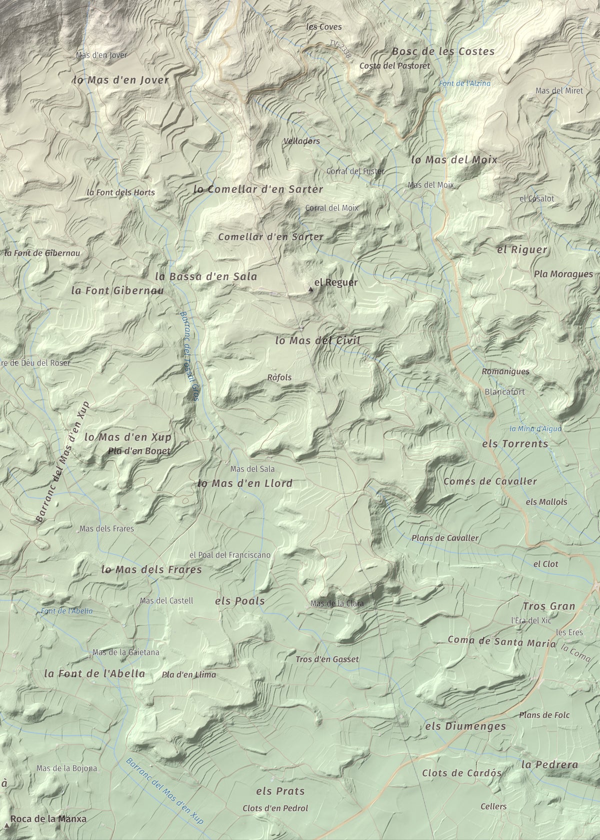 Mapa de relieve de Tossal Gros de Vallbona, 803 m, Conca de Barberà · Urgell, lámina 100 Cims de Trobart. Detalle de la zona inferior derecha. 50 × 70 cm.