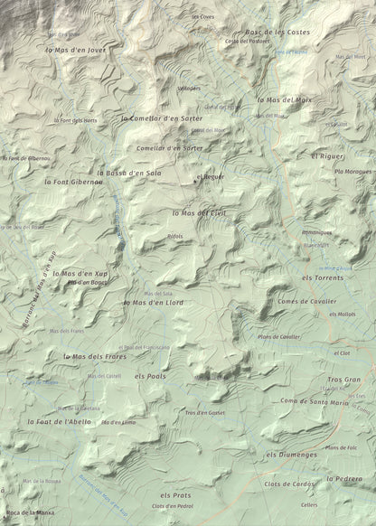 Mapa de relieve de Tossal Gros de Vallbona, 803 m, Conca de Barberà · Urgell, lámina 100 Cims de Trobart. Detalle de la zona inferior derecha. 50 × 70 cm.