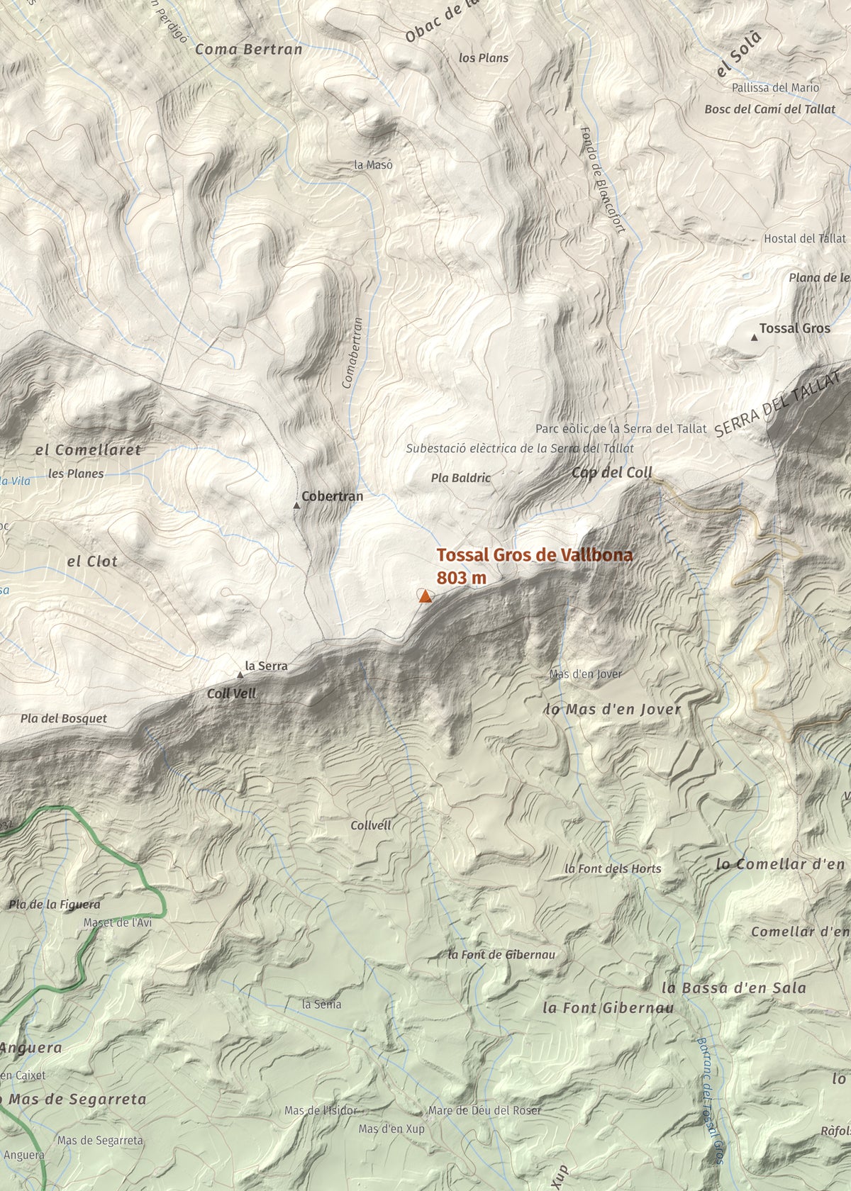 Mapa de relieve de Tossal Gros de Vallbona, 803 m, Conca de Barberà · Urgell, lámina 100 Cims de Trobart. Detalle de la zona central. 50 × 70 cm.