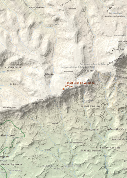 Mapa de relieve de Tossal Gros de Vallbona, 803 m, Conca de Barberà · Urgell, lámina 100 Cims de Trobart. Detalle de la zona central. 50 × 70 cm.