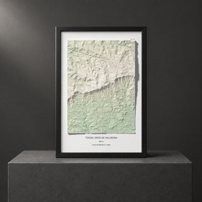 Mapa de relieve de Tossal Gros de Vallbona, 803 m, Conca de Barberà · Urgell, lámina 100 Cims de Trobart. Presentación enmarcada. 61 × 91 cm.