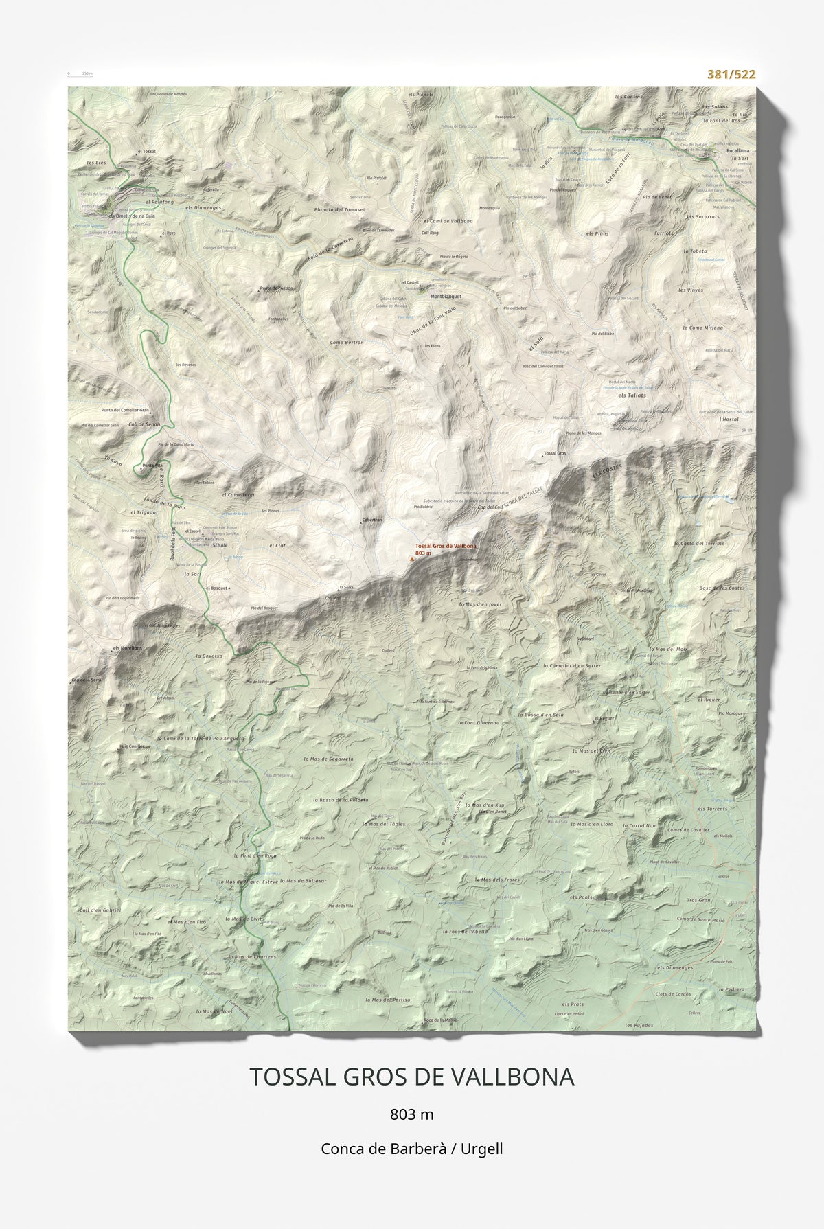 Mapa de relieve de Tossal Gros de Vallbona, 803 m, Conca de Barberà · Urgell, lámina 100 Cims de Trobart 61 × 91 cm.
