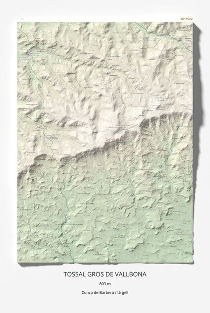 Mapa de relieve de Tossal Gros de Vallbona, 803 m, Conca de Barberà · Urgell, lámina 100 Cims de Trobart 61 × 91 cm.