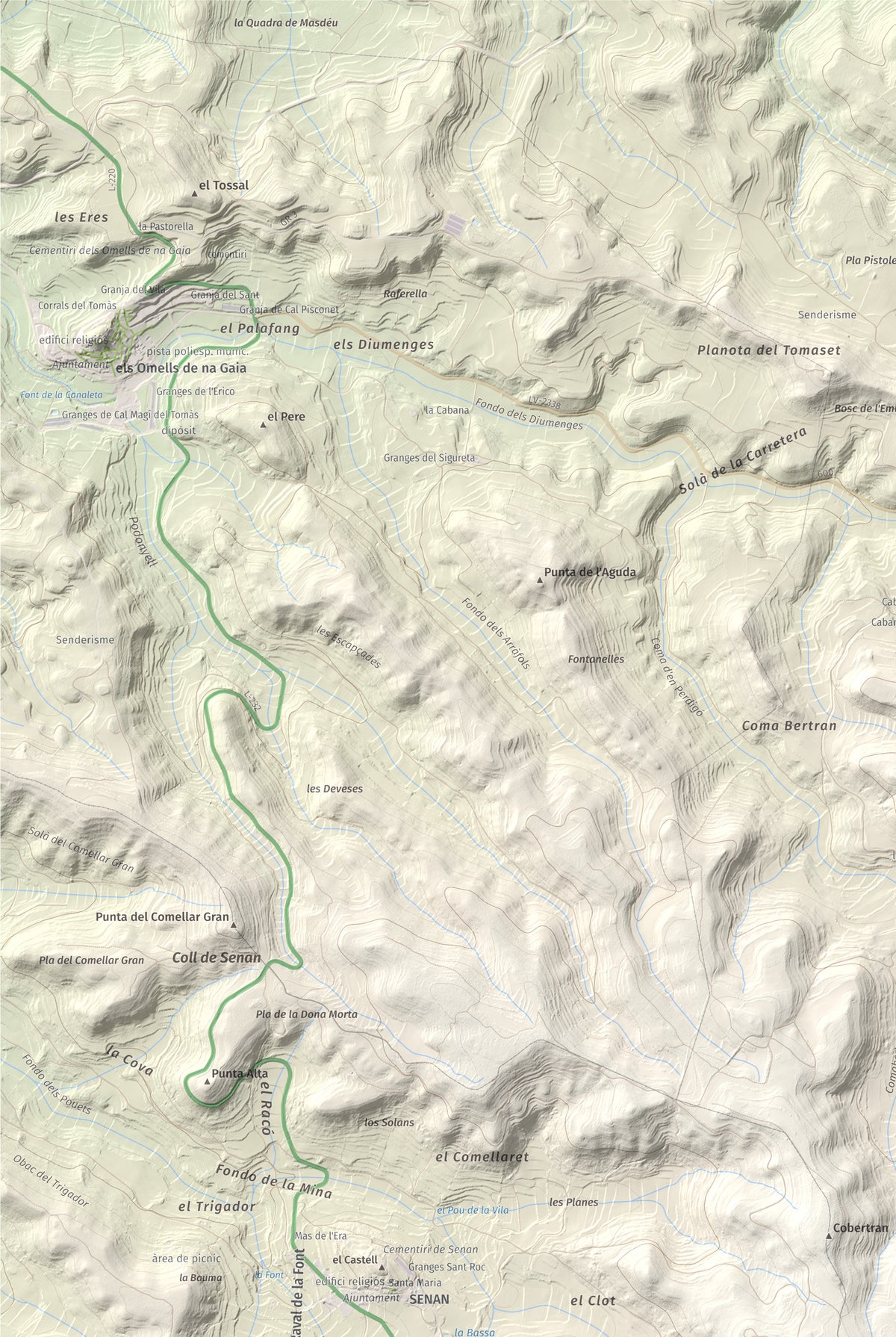 Mapa de relieve de Tossal Gros de Vallbona, 803 m, Conca de Barberà · Urgell, lámina 100 Cims de Trobart. Detalle de la zona superior izquierda. 61 × 91 cm.