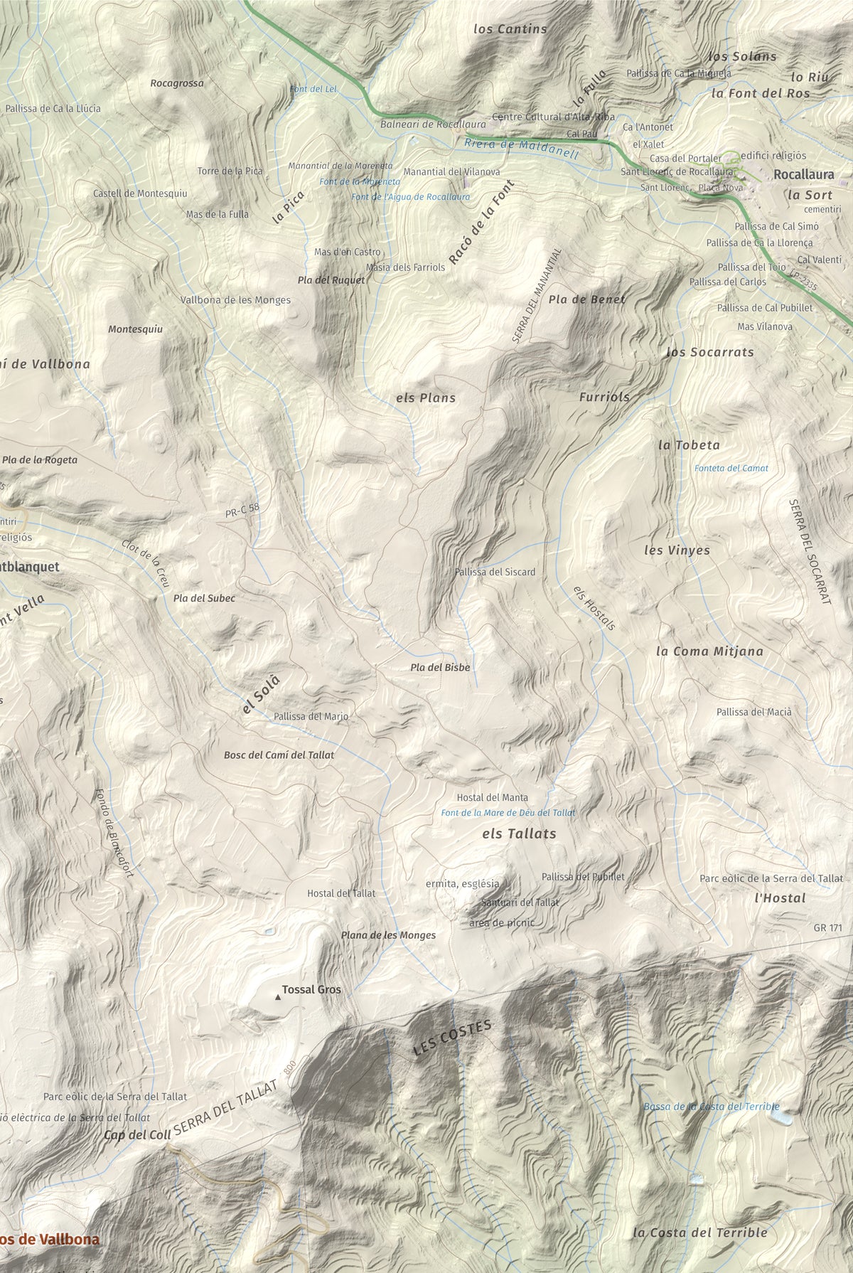 Mapa de relieve de Tossal Gros de Vallbona, 803 m, Conca de Barberà · Urgell, lámina 100 Cims de Trobart. Detalle de la zona superior derecha. 61 × 91 cm.