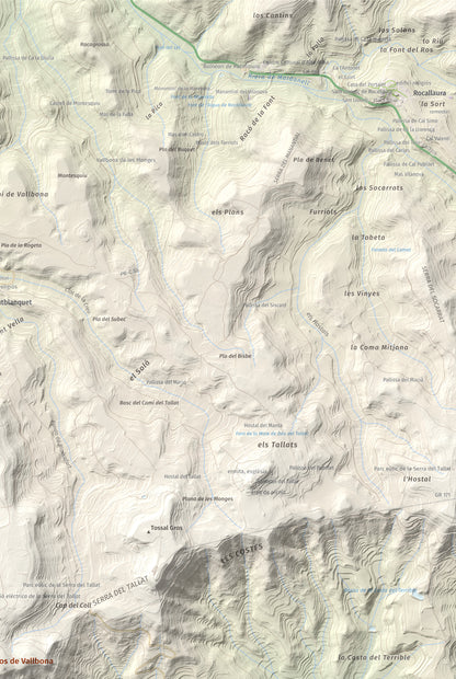 Mapa de relieve de Tossal Gros de Vallbona, 803 m, Conca de Barberà · Urgell, lámina 100 Cims de Trobart. Detalle de la zona superior derecha. 61 × 91 cm.