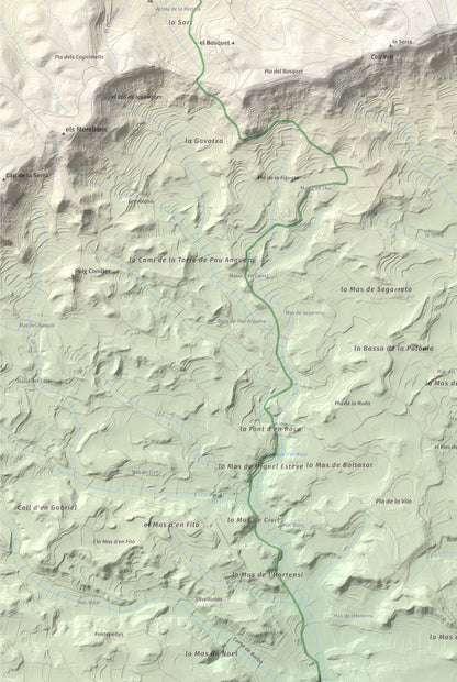 Mapa de relieve de Tossal Gros de Vallbona, 803 m, Conca de Barberà · Urgell, lámina 100 Cims de Trobart. Detalle de la zona inferior izquierda. 61 × 91 cm.