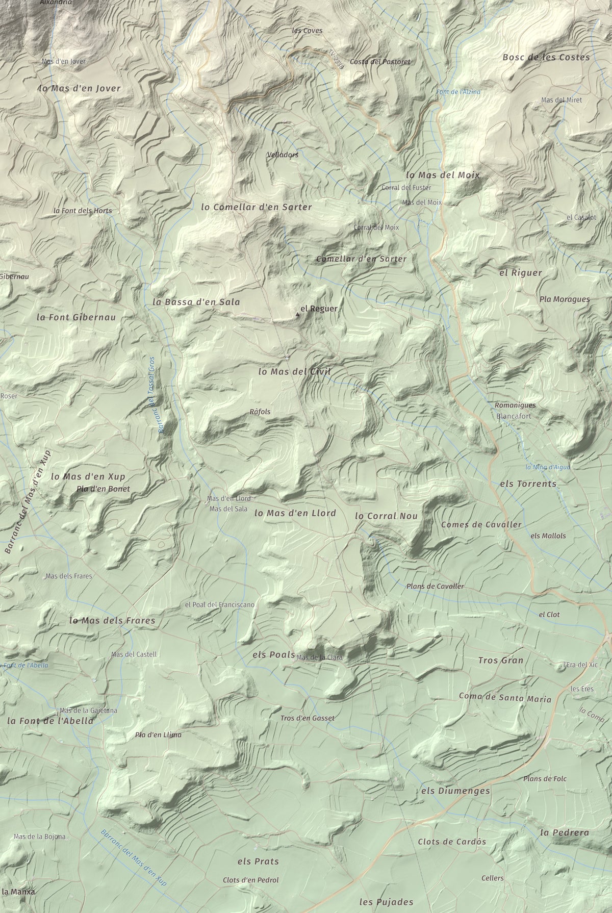 Mapa de relieve de Tossal Gros de Vallbona, 803 m, Conca de Barberà · Urgell, lámina 100 Cims de Trobart. Detalle de la zona inferior derecha. 61 × 91 cm.