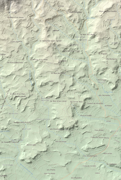 Mapa de relieve de Tossal Gros de Vallbona, 803 m, Conca de Barberà · Urgell, lámina 100 Cims de Trobart. Detalle de la zona inferior derecha. 61 × 91 cm.
