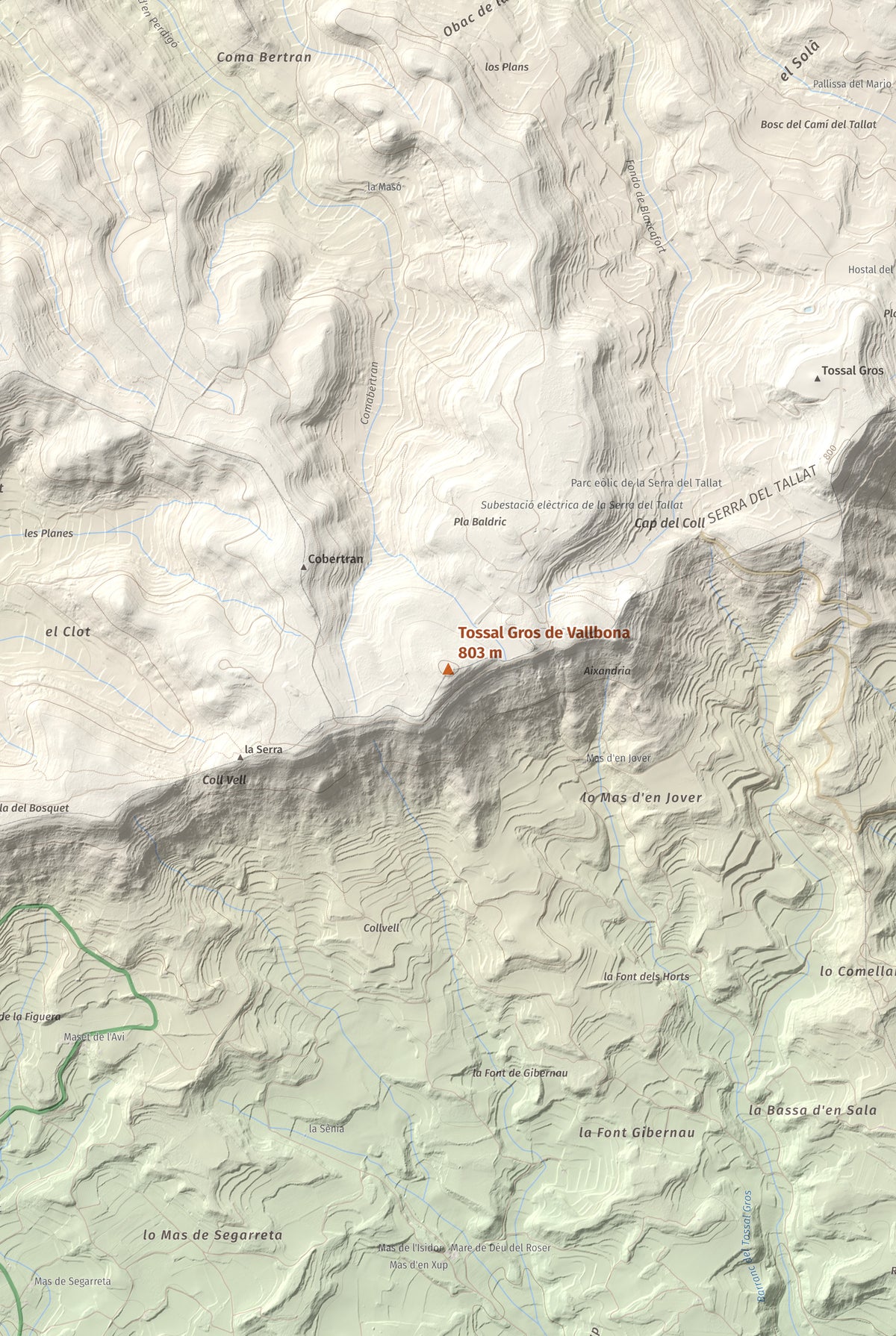 Mapa de relieve de Tossal Gros de Vallbona, 803 m, Conca de Barberà · Urgell, lámina 100 Cims de Trobart. Detalle de la zona central. 61 × 91 cm.