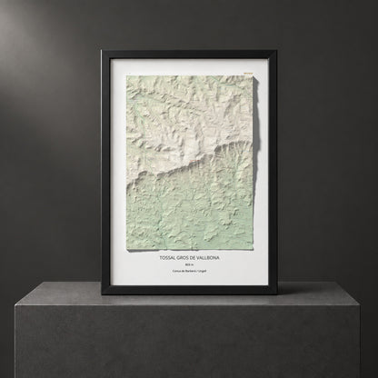 Mapa de relieve de Tossal Gros de Vallbona, 803 m, Conca de Barberà · Urgell, lámina 100 Cims de Trobart. Presentación enmarcada. 70 × 100 cm.