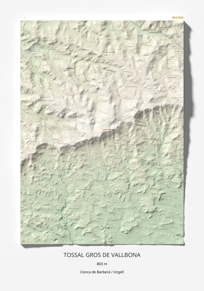 Mapa de relieve de Tossal Gros de Vallbona, 803 m, Conca de Barberà · Urgell, lámina 100 Cims de Trobart 70 × 100 cm.