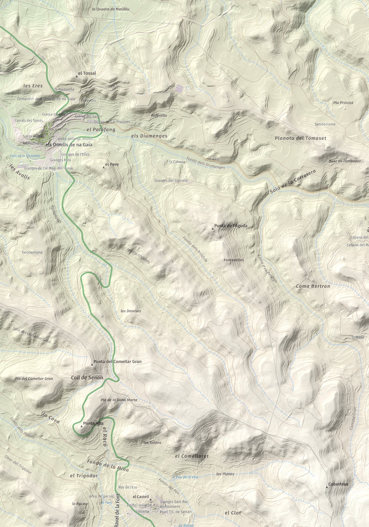 Mapa de relieve de Tossal Gros de Vallbona, 803 m, Conca de Barberà · Urgell, lámina 100 Cims de Trobart. Detalle de la zona superior izquierda. 70 × 100 cm.