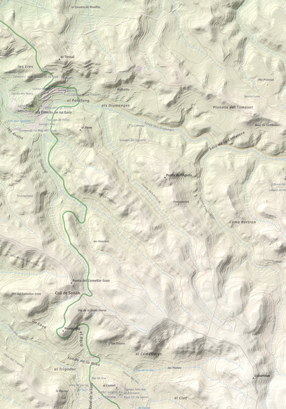 Mapa de relieve de Tossal Gros de Vallbona, 803 m, Conca de Barberà · Urgell, lámina 100 Cims de Trobart. Detalle de la zona superior izquierda. 70 × 100 cm.