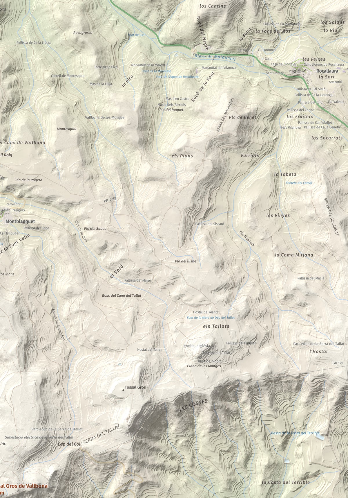 Mapa de relieve de Tossal Gros de Vallbona, 803 m, Conca de Barberà · Urgell, lámina 100 Cims de Trobart. Detalle de la zona superior derecha. 70 × 100 cm.
