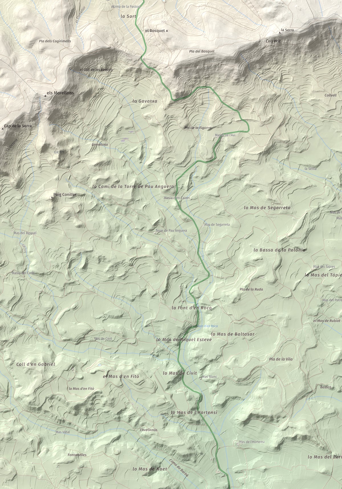 Mapa de relieve de Tossal Gros de Vallbona, 803 m, Conca de Barberà · Urgell, lámina 100 Cims de Trobart. Detalle de la zona inferior izquierda. 70 × 100 cm.