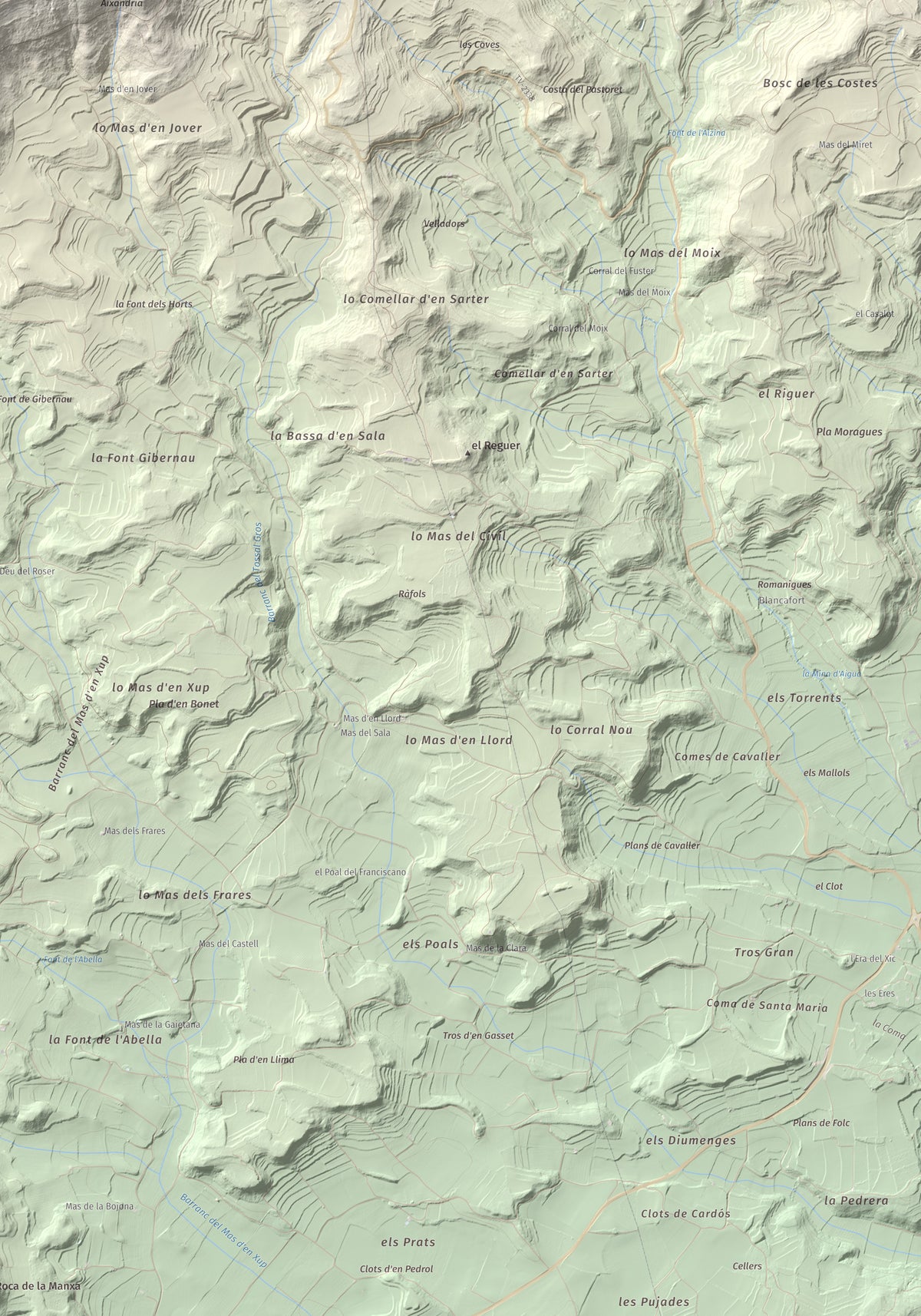 Mapa de relieve de Tossal Gros de Vallbona, 803 m, Conca de Barberà · Urgell, lámina 100 Cims de Trobart. Detalle de la zona inferior derecha. 70 × 100 cm.