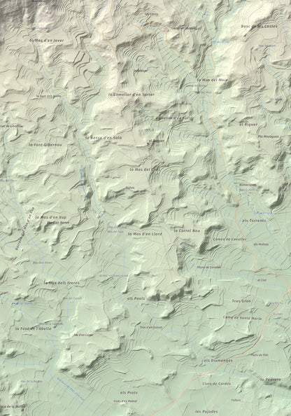 Mapa de relieve de Tossal Gros de Vallbona, 803 m, Conca de Barberà · Urgell, lámina 100 Cims de Trobart. Detalle de la zona inferior derecha. 70 × 100 cm.