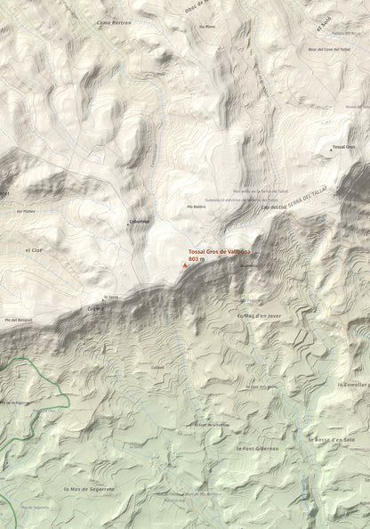 Mapa de relieve de Tossal Gros de Vallbona, 803 m, Conca de Barberà · Urgell, lámina 100 Cims de Trobart. Detalle de la zona central. 70 × 100 cm.