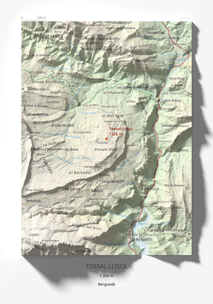 Mapa de relieve de Tossal Llisol, 1326 m, Berguedà, lámina 100 Cims de Trobart 21 × 30 cm.