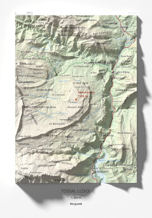 Mapa de relieve de Tossal Llisol, 1326 m, Berguedà, lámina 100 Cims de Trobart 21 × 30 cm.