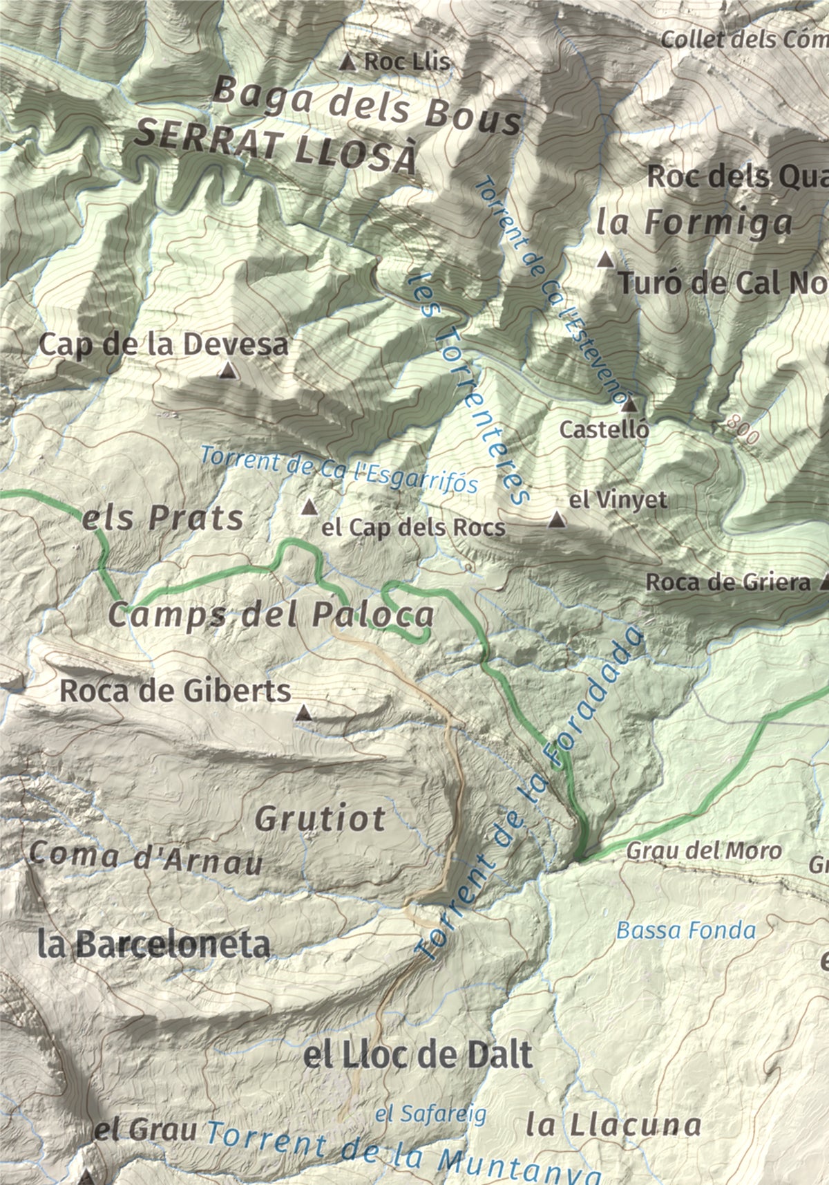Mapa de relieve de Tossal Llisol, 1326 m, Berguedà, lámina 100 Cims de Trobart. Detalle de la zona superior izquierda. 21 × 30 cm.