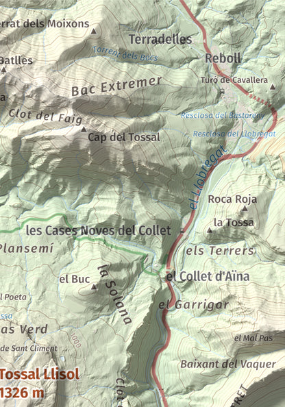 Mapa de relieve de Tossal Llisol, 1326 m, Berguedà, lámina 100 Cims de Trobart. Detalle de la zona superior derecha. 21 × 30 cm.
