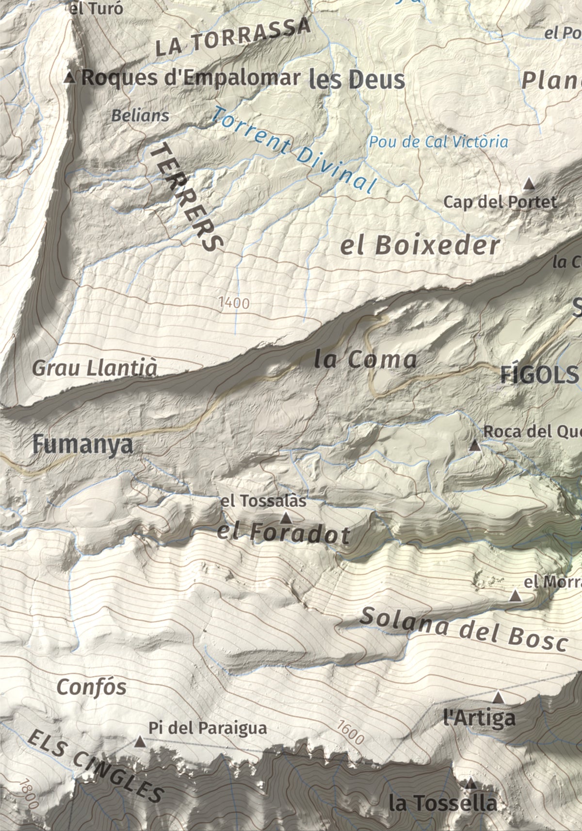 Mapa de relieve de Tossal Llisol, 1326 m, Berguedà, lámina 100 Cims de Trobart. Detalle de la zona inferior izquierda. 21 × 30 cm.