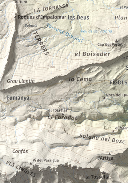 Mapa de relieve de Tossal Llisol, 1326 m, Berguedà, lámina 100 Cims de Trobart. Detalle de la zona inferior izquierda. 21 × 30 cm.