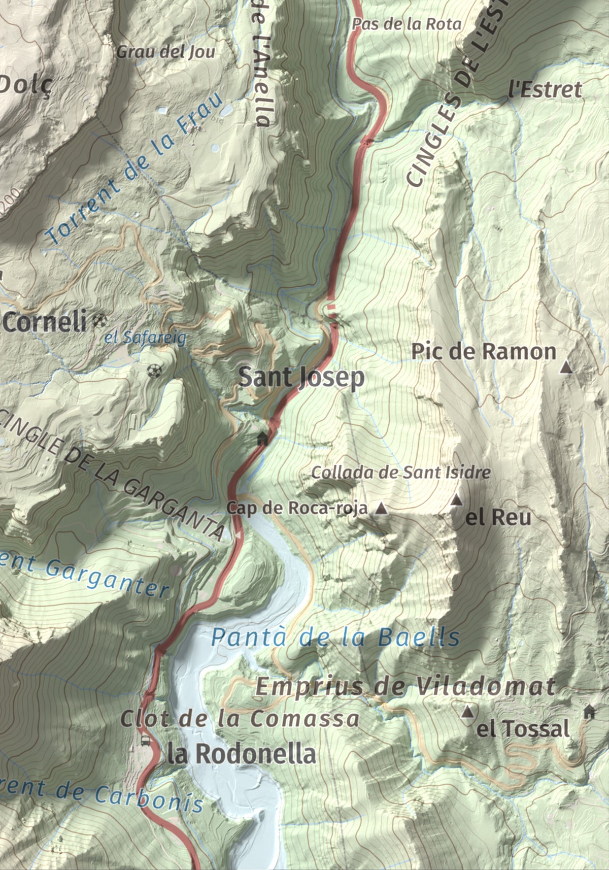 Mapa de relieve de Tossal Llisol, 1326 m, Berguedà, lámina 100 Cims de Trobart. Detalle de la zona inferior derecha. 21 × 30 cm.