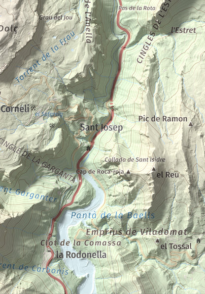 Mapa de relieve de Tossal Llisol, 1326 m, Berguedà, lámina 100 Cims de Trobart. Detalle de la zona inferior derecha. 21 × 30 cm.