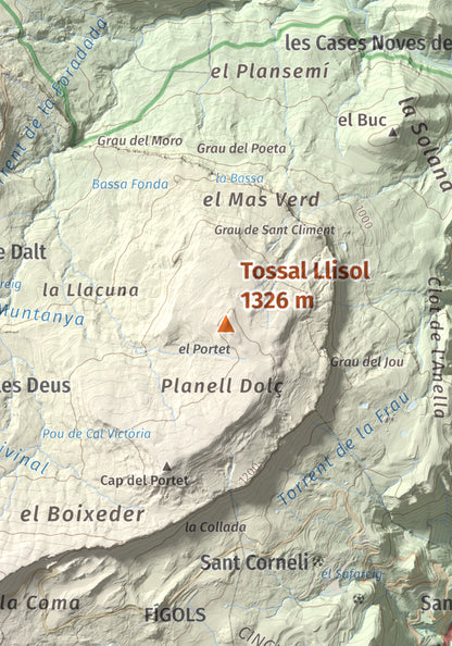 Mapa de relieve de Tossal Llisol, 1326 m, Berguedà, lámina 100 Cims de Trobart. Detalle de la zona central. 21 × 30 cm.