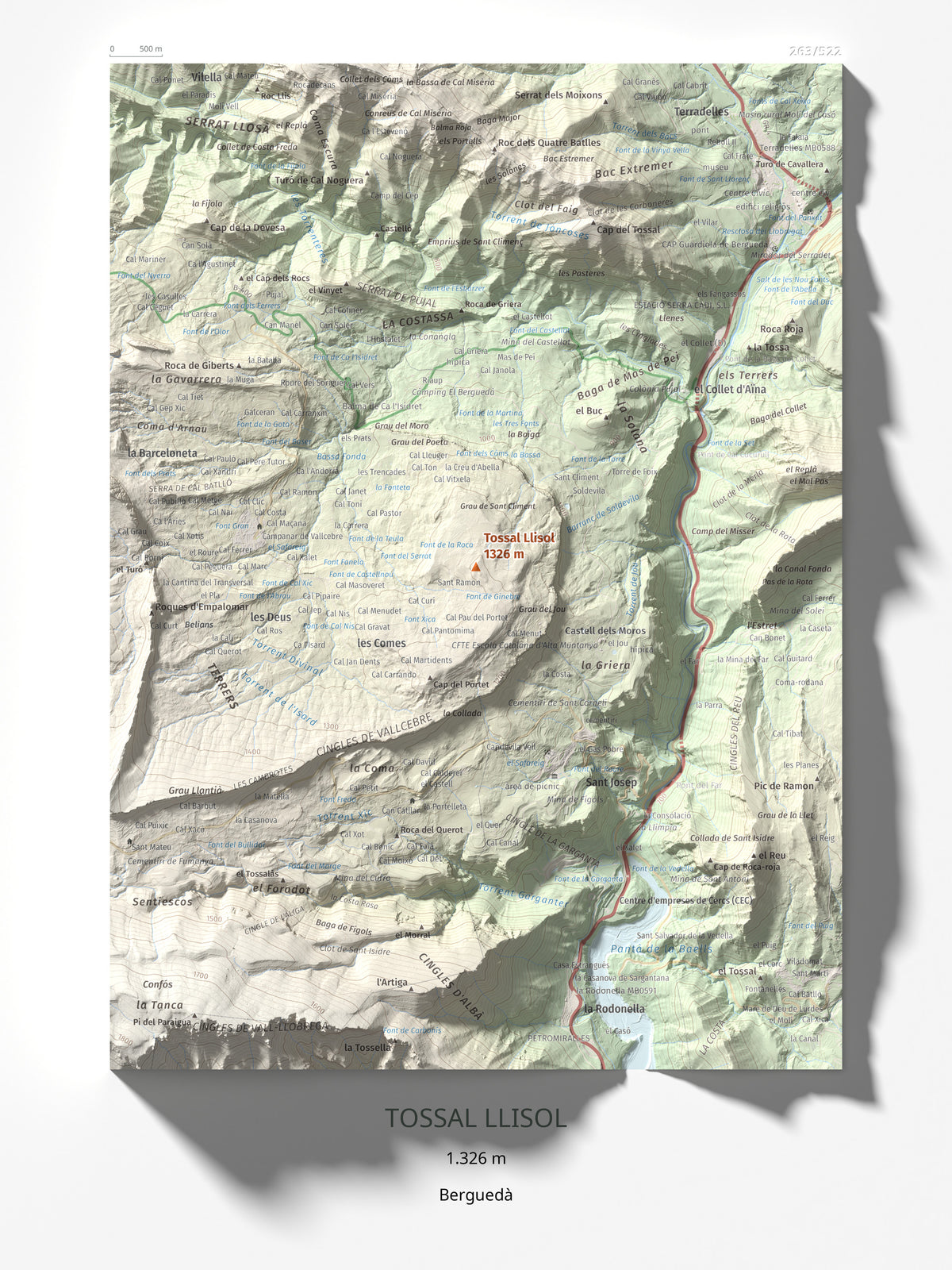 Mapa de relieve de Tossal Llisol, 1326 m, Berguedà, lámina 100 Cims de Trobart 30 × 40 cm.