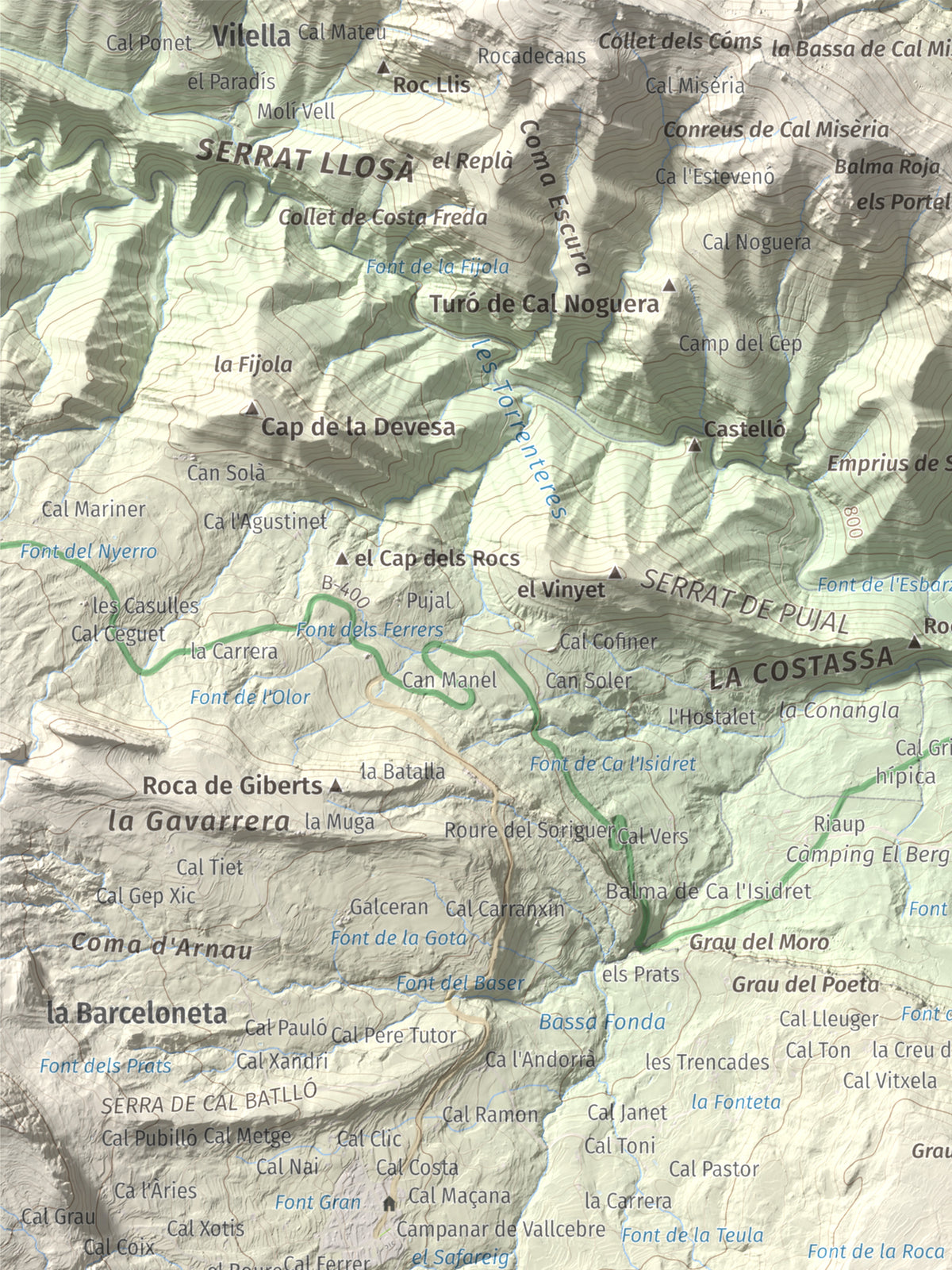 Mapa de relieve de Tossal Llisol, 1326 m, Berguedà, lámina 100 Cims de Trobart. Detalle de la zona superior izquierda. 30 × 40 cm.