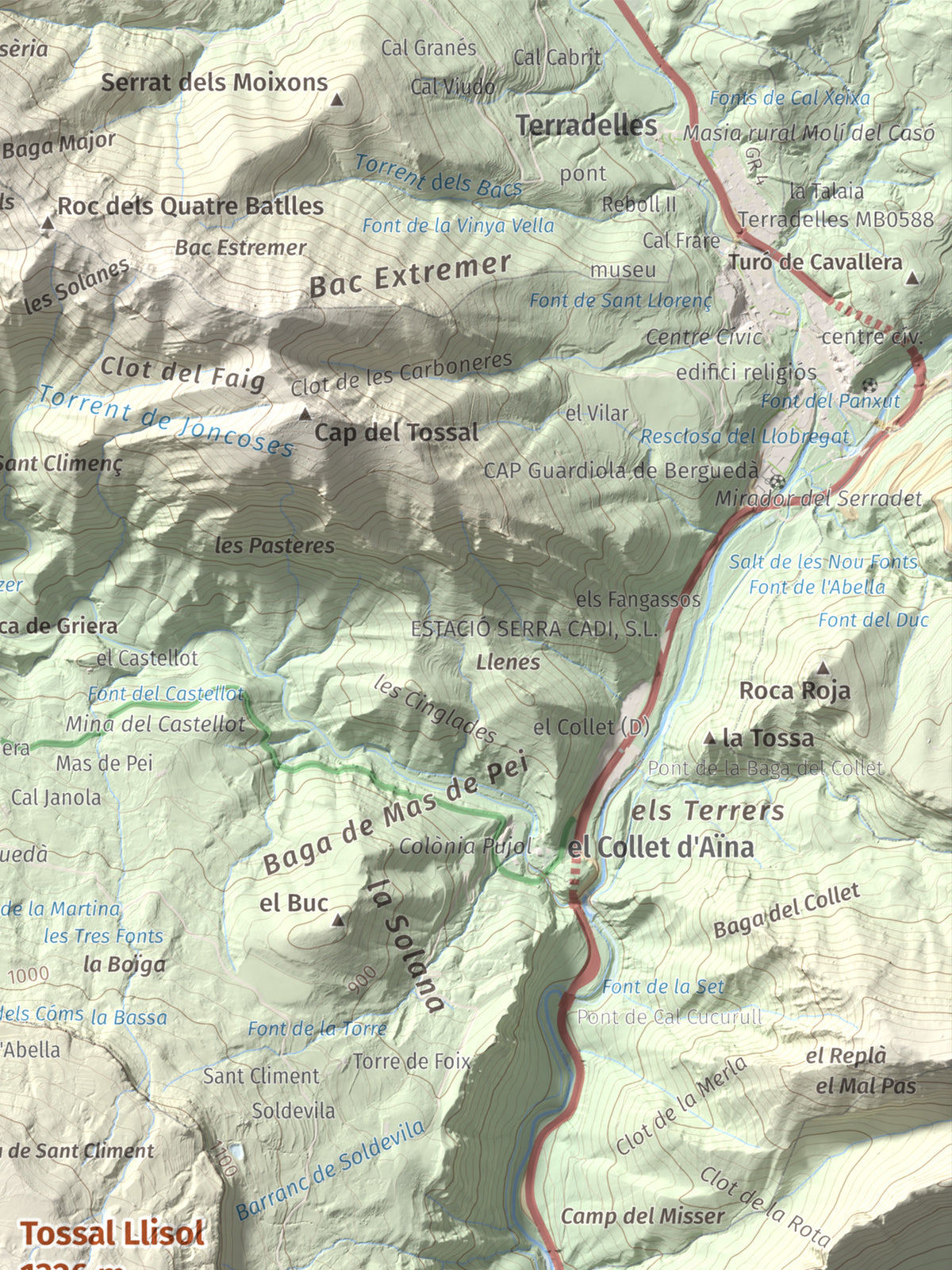 Mapa de relieve de Tossal Llisol, 1326 m, Berguedà, lámina 100 Cims de Trobart. Detalle de la zona superior derecha. 30 × 40 cm.