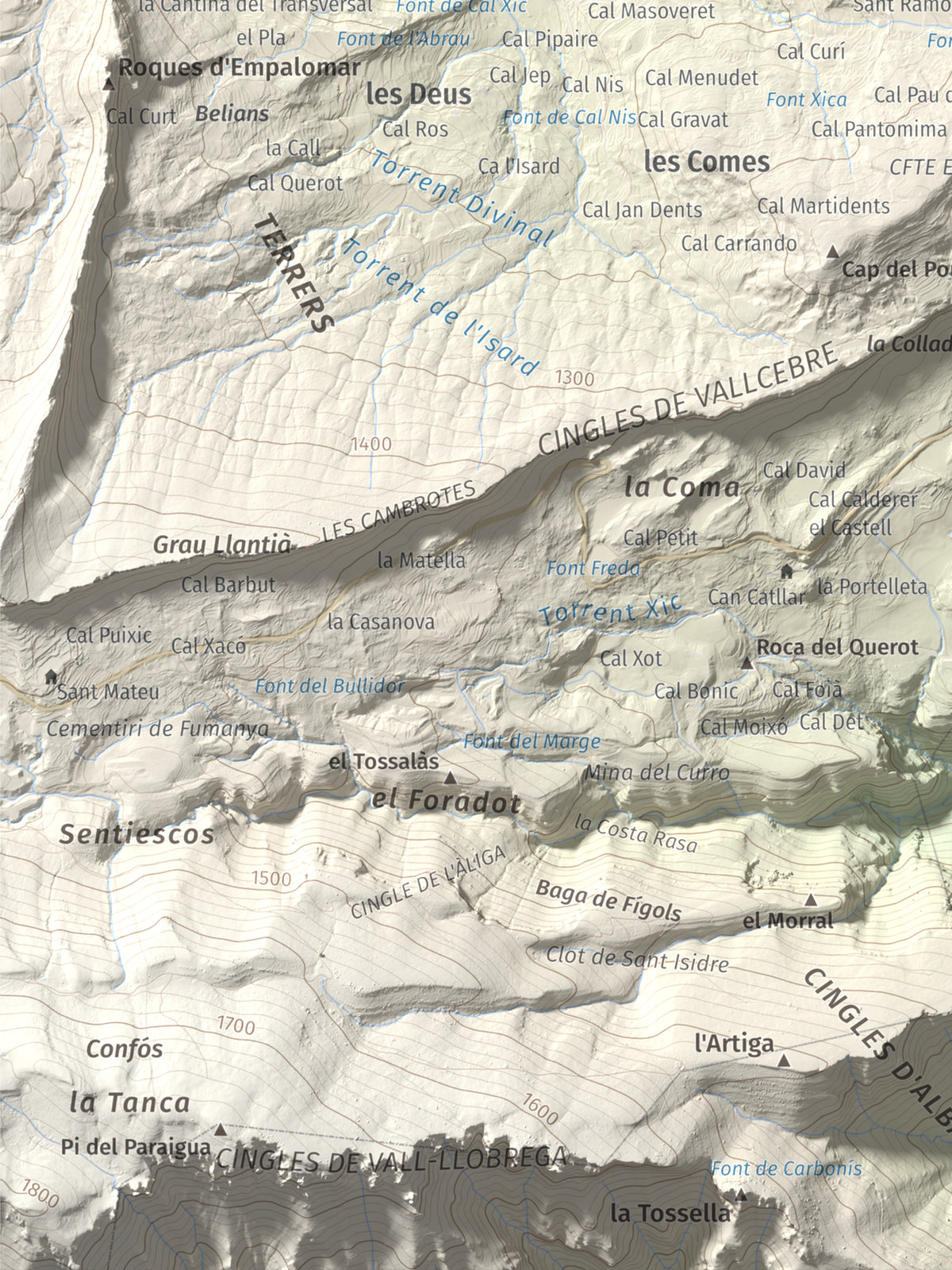 Mapa de relieve de Tossal Llisol, 1326 m, Berguedà, lámina 100 Cims de Trobart. Detalle de la zona inferior izquierda. 30 × 40 cm.