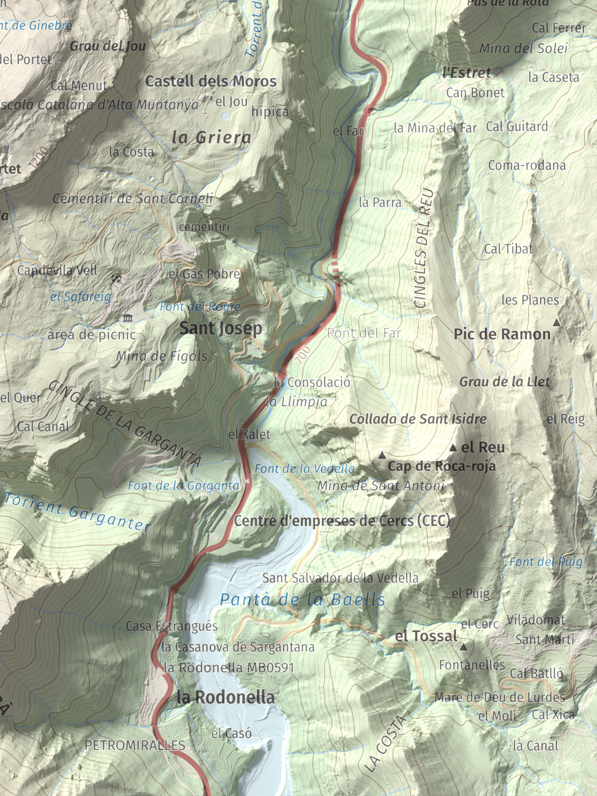 Mapa de relieve de Tossal Llisol, 1326 m, Berguedà, lámina 100 Cims de Trobart. Detalle de la zona inferior derecha. 30 × 40 cm.