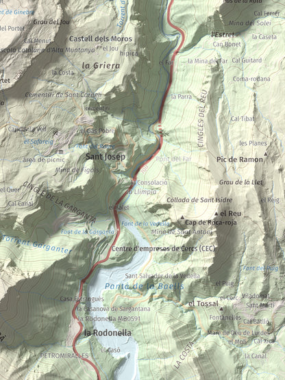 Mapa de relieve de Tossal Llisol, 1326 m, Berguedà, lámina 100 Cims de Trobart. Detalle de la zona inferior derecha. 30 × 40 cm.