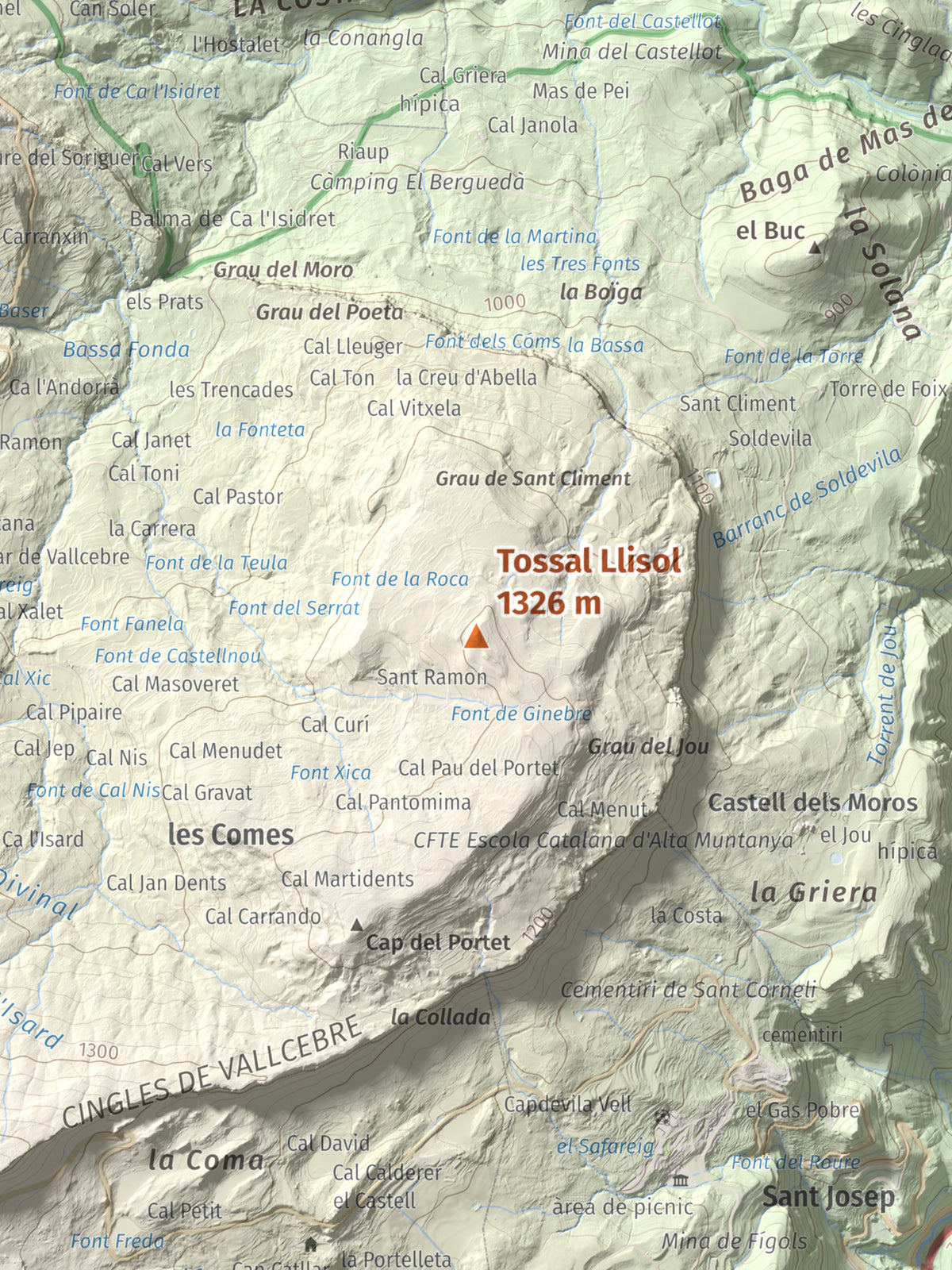 Mapa de relieve de Tossal Llisol, 1326 m, Berguedà, lámina 100 Cims de Trobart. Detalle de la zona central. 30 × 40 cm.