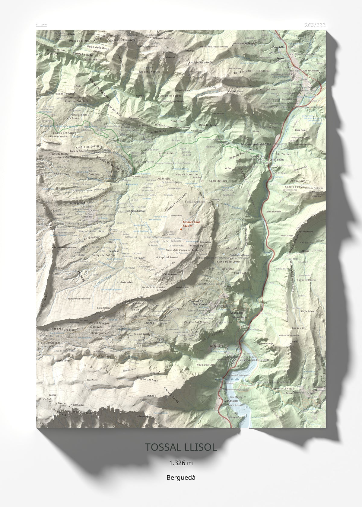 Mapa de relieve de Tossal Llisol, 1326 m, Berguedà, lámina 100 Cims de Trobart 50 × 70 cm.