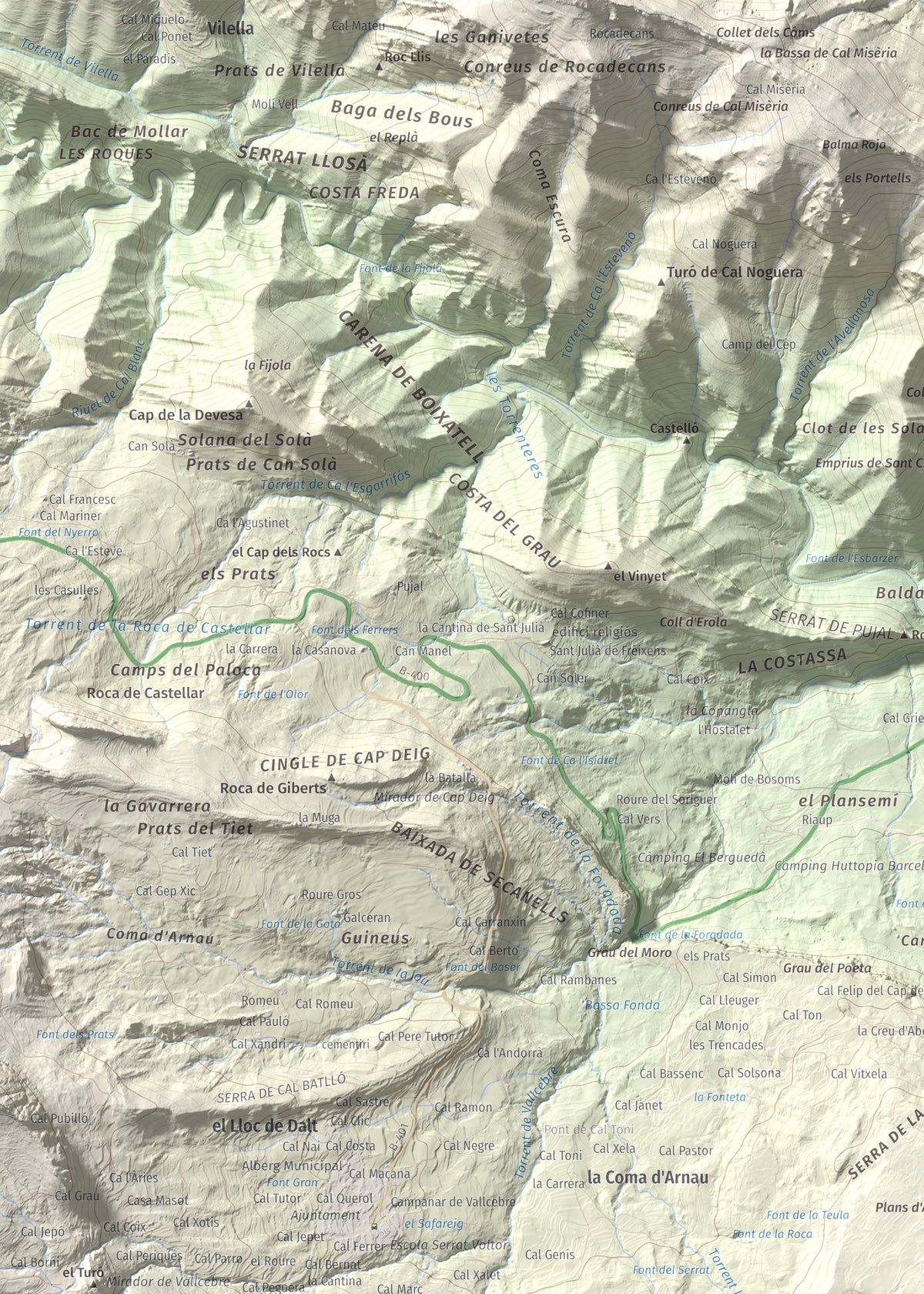 Mapa de relieve de Tossal Llisol, 1326 m, Berguedà, lámina 100 Cims de Trobart. Detalle de la zona superior izquierda. 50 × 70 cm.