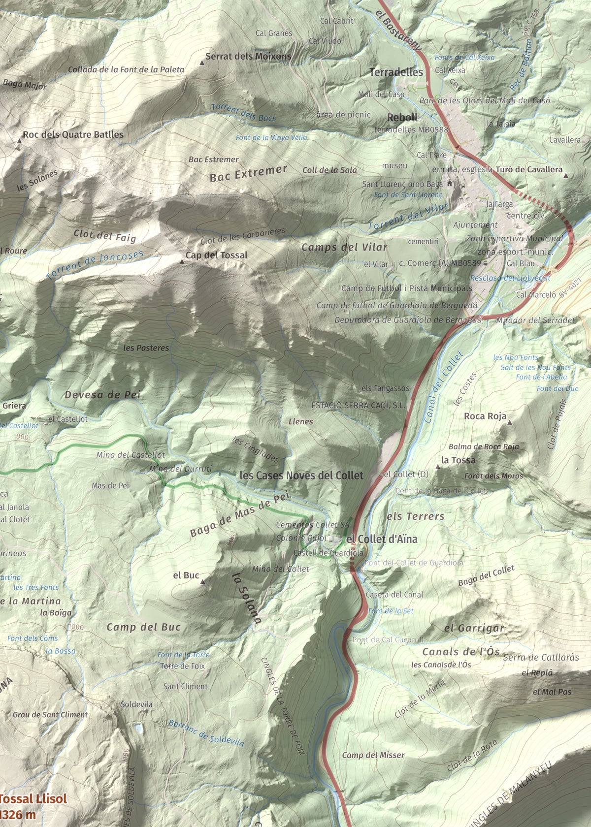 Mapa de relieve de Tossal Llisol, 1326 m, Berguedà, lámina 100 Cims de Trobart. Detalle de la zona superior derecha. 50 × 70 cm.