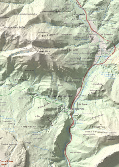 Mapa de relieve de Tossal Llisol, 1326 m, Berguedà, lámina 100 Cims de Trobart. Detalle de la zona superior derecha. 50 × 70 cm.