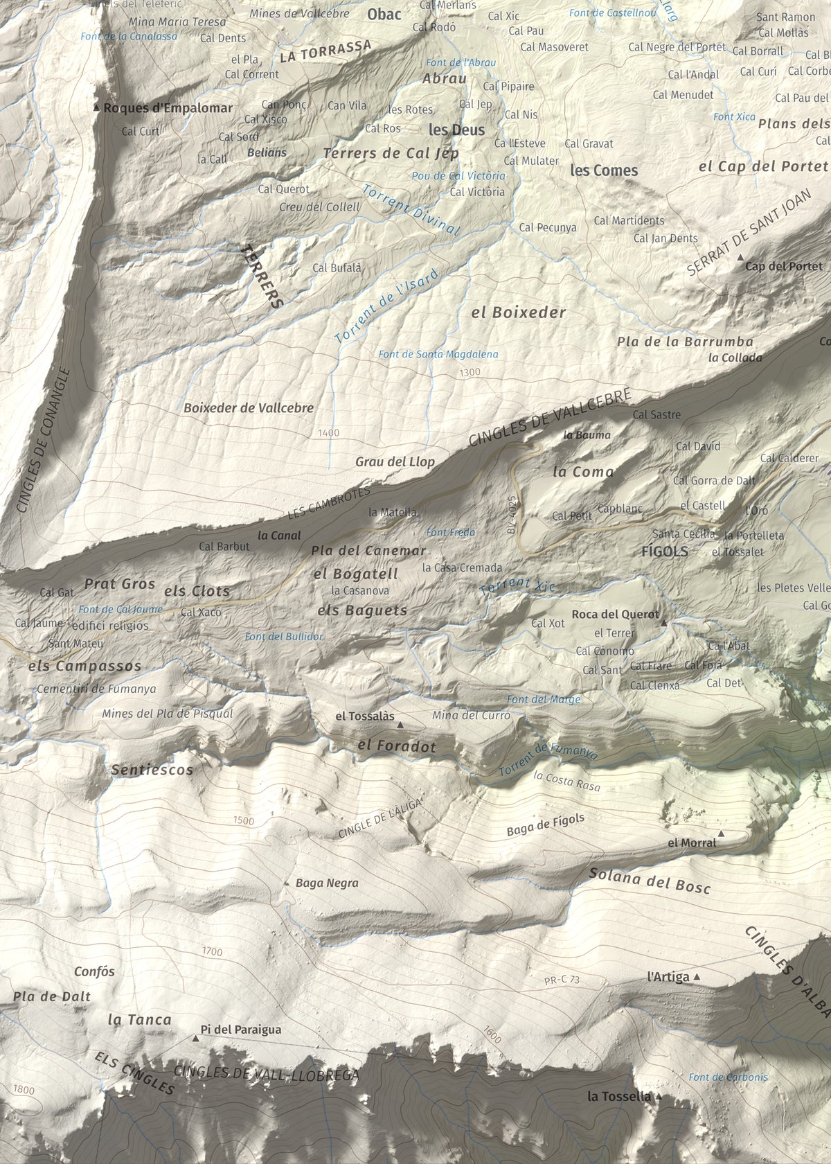 Mapa de relieve de Tossal Llisol, 1326 m, Berguedà, lámina 100 Cims de Trobart. Detalle de la zona inferior izquierda. 50 × 70 cm.
