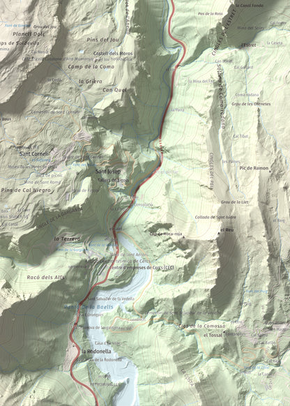 Mapa de relieve de Tossal Llisol, 1326 m, Berguedà, lámina 100 Cims de Trobart. Detalle de la zona inferior derecha. 50 × 70 cm.