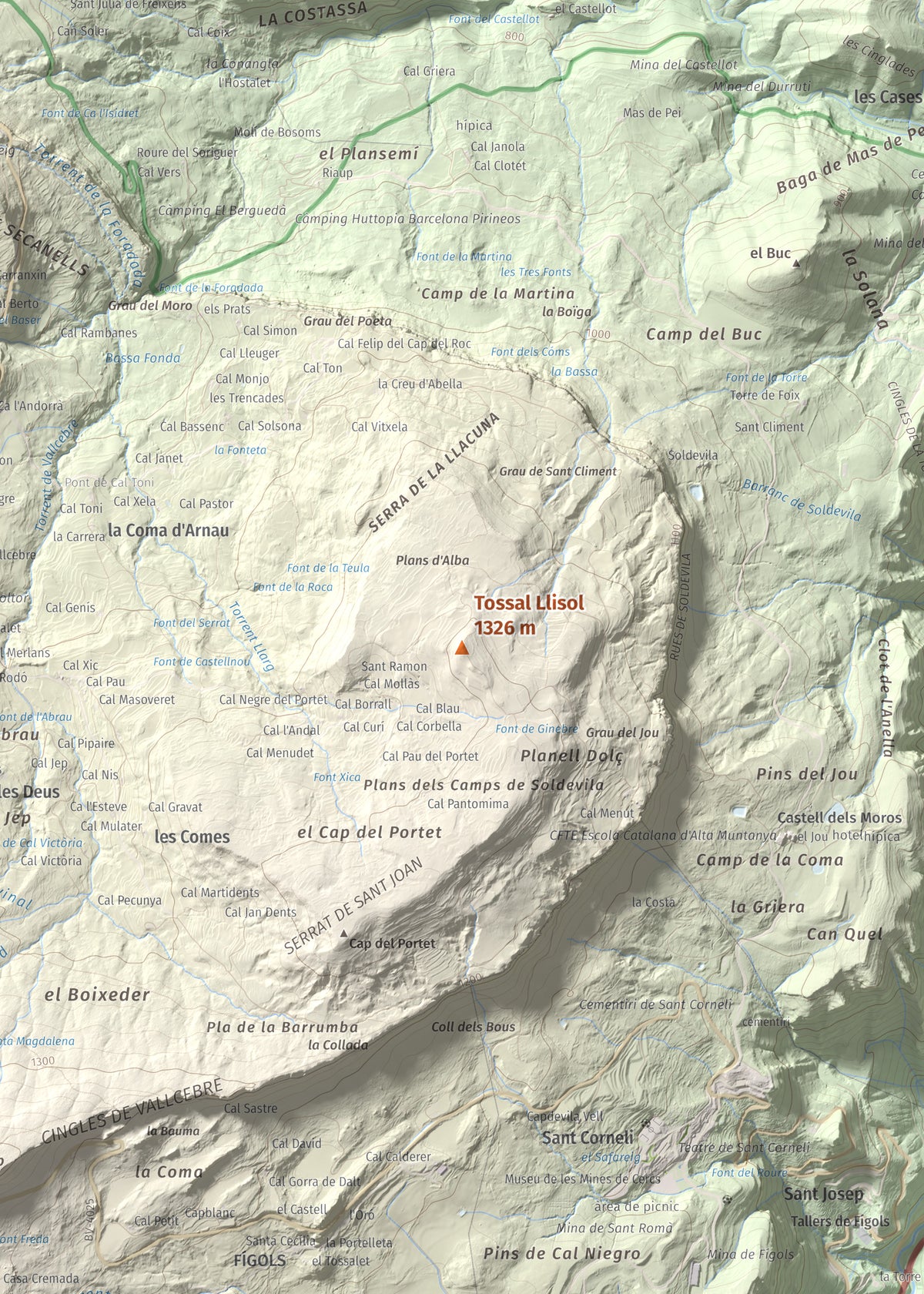 Mapa de relieve de Tossal Llisol, 1326 m, Berguedà, lámina 100 Cims de Trobart. Detalle de la zona central. 50 × 70 cm.